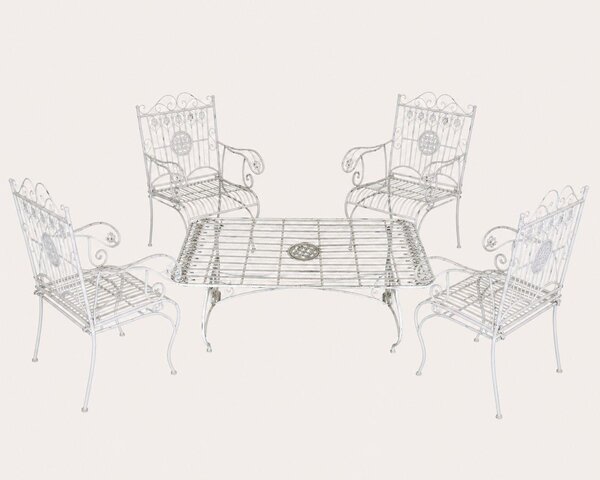 KEYHOMESTORE | Set Giardino Antik con Tavolino Fumo e 4 Poltroncine Bianco Anticato