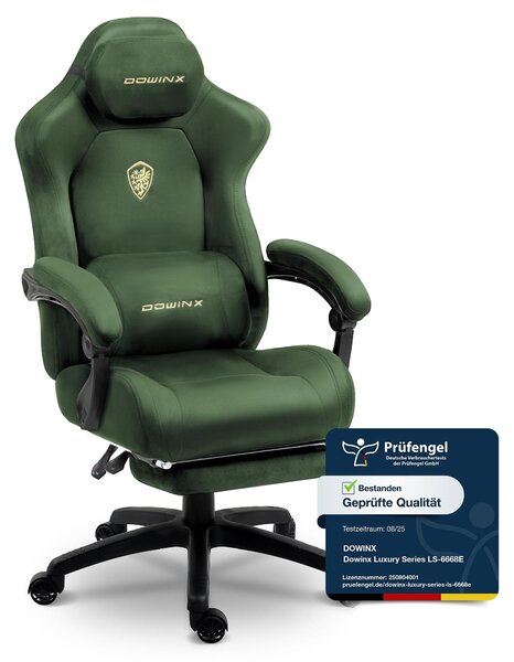 Sedia da gaming ergonomica con supporto lombare, rivestita in velluto, imbottitura spessa, poggiapiedi, braccioli regolabili e inclinazione fino a 160°. Verde