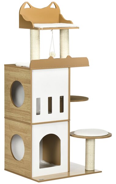 Albero per Gatti con Tiragraffi 60x48x133 cm 2 Casette Posatoi e Pallina Gioco in MDF Peluche e Sisal Rovere e bianco