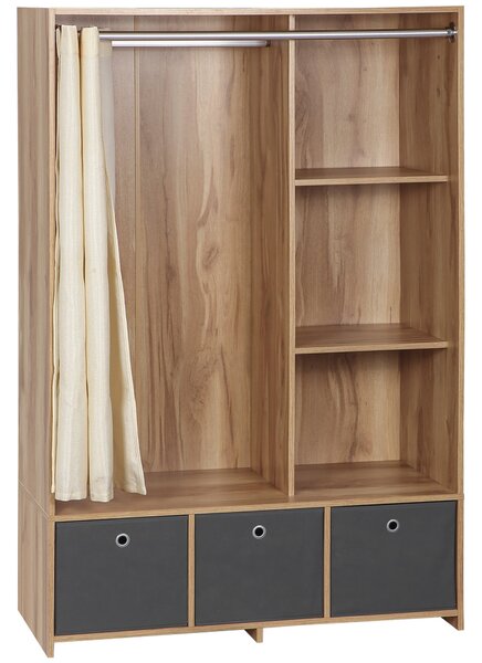 Armadio Guardaroba con Appendiabiti 105x48x160 cm 3 Cassetti in Poliestere e 3 Ripiani in Truciolato color Legno