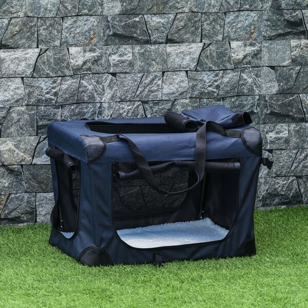 Trasportino per Cani a 3 Ingressi 70x51x50 cm con Cuscino e Sacche Portaoggetti in Tessuto Oxford Blu Scuro