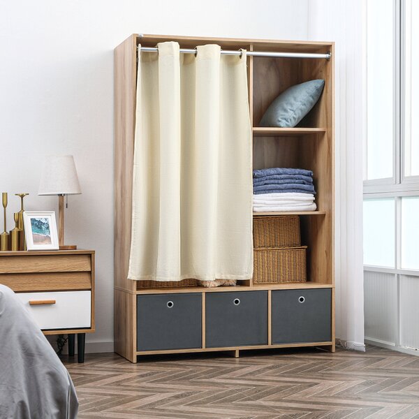 Armadio Guardaroba con Appendiabiti 105x48x160 cm 3 Cassetti in Poliestere e 3 Ripiani in Truciolato color Legno