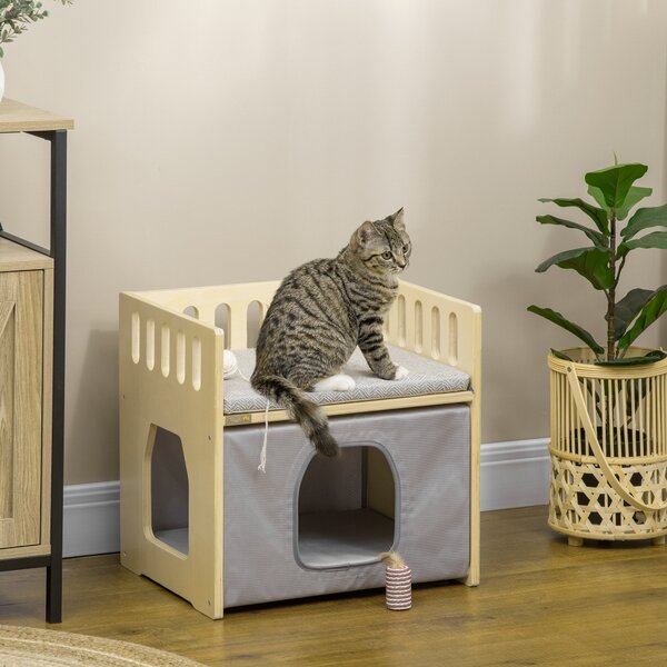 Casetta per Gatti 2 Livelli 48x38x47 cm con Cuscini Rimovibili e Guide di Sicurezza in Legno e Tessuto Grigio e Bianco