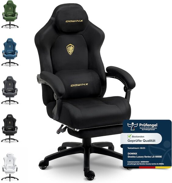 Sedia da gaming ergonomica con supporto lombare, rivestita in velluto, imbottitura spessa, poggiapiedi, braccioli regolabili e inclinazione fino a 160°. Colore: nero