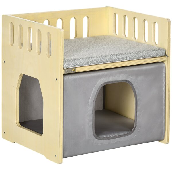 Casetta per Gatti 2 Livelli 48x38x47 cm con Cuscini Rimovibili e Guide di Sicurezza in Legno e Tessuto Grigio e Bianco