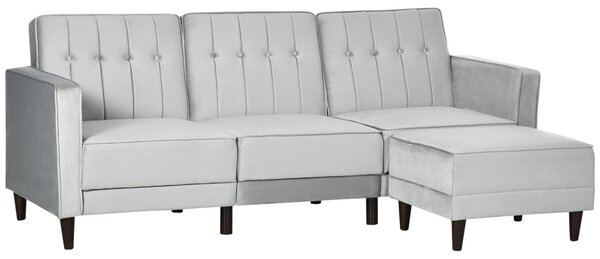 Divano Letto 3 Posti 218x85x86 cm con Poggiapiedi e Schienale Reclinabile in Tessuto Effetto Velluto Grigio Chiaro