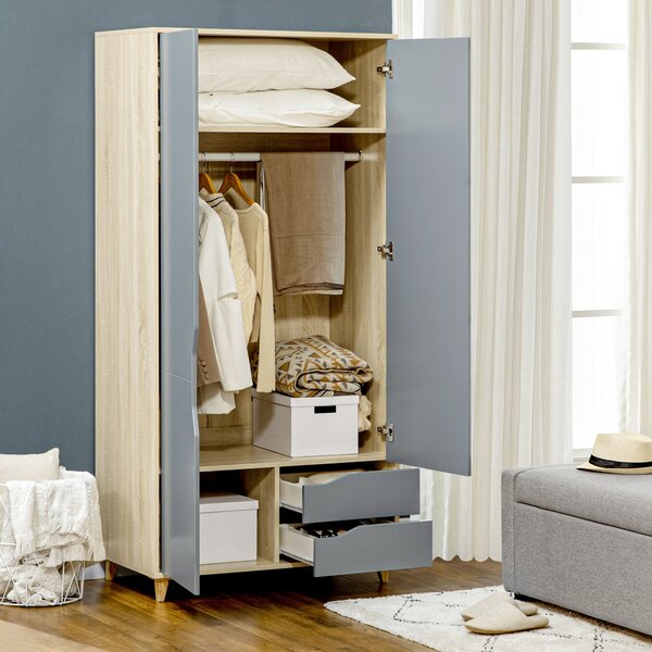 Armadio Guardaroba a 2 Ante 88,9x50,1x184,5 cm 3 Ripiani e 2 Cassetti in Truciolato e MDF Grigio