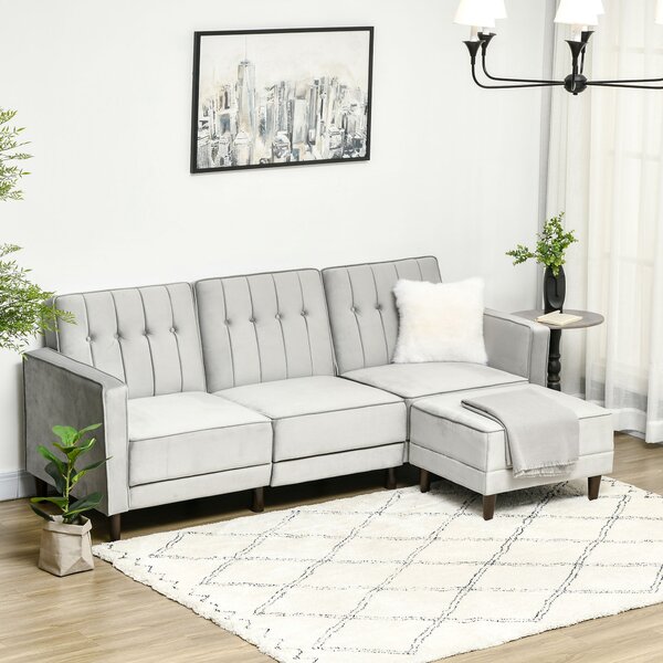 Divano Letto 3 Posti 218x85x86 cm con Poggiapiedi e Schienale Reclinabile in Tessuto Effetto Velluto Grigio Chiaro
