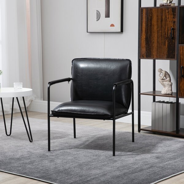 Poltroncina da Camera Imbottita 60x59x78 cm in Acciaio e Similpelle Nera
