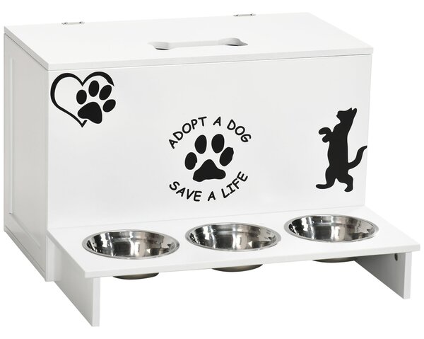 Set 3 Ciotole per Cani 500 ml 57x53x37,5 cm in MDF e Acciaio Inox Bianco