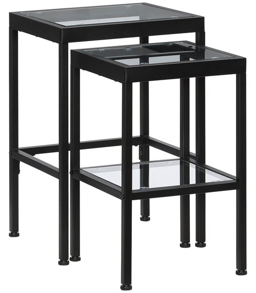 Set 2 Tavolini con Ripiano in Vetro e Struttura in Acciaio Nero