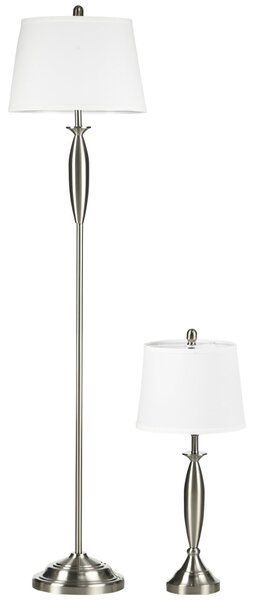Set Lampada da Terra e Lampada da Tavolo 40W Attacco E27 in Acciaio e Tessuto Bianco e Argento