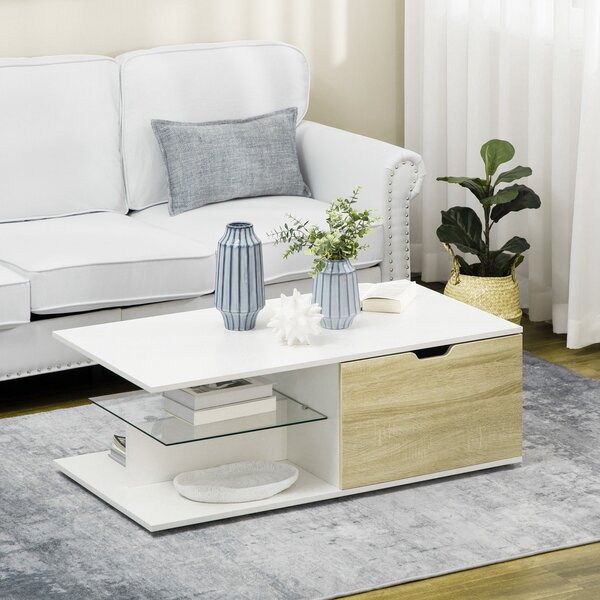 Tavolino da Caffè 106x58x39 cm con Cassetti e Ripiano in Vetro in Truciolato Bianco