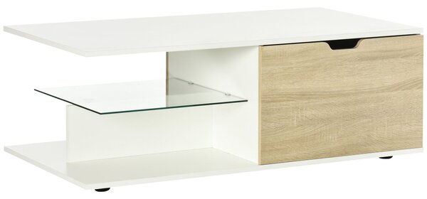 Tavolino da Caffè 106x58x39 cm con Cassetti e Ripiano in Vetro in Truciolato Bianco