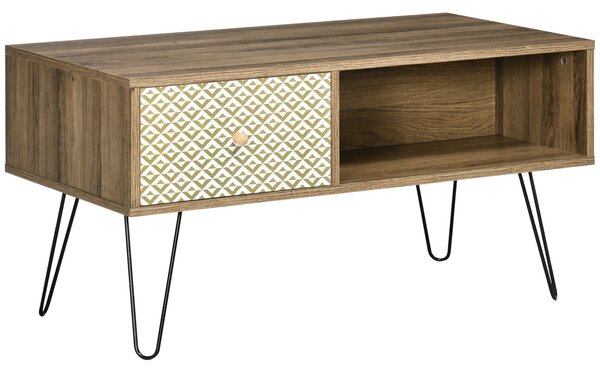 Tavolino da Caffè 90x45x46 cm con Ripiano Aperto e Cassetto in Truciolato e Metallo Marrone e Nero