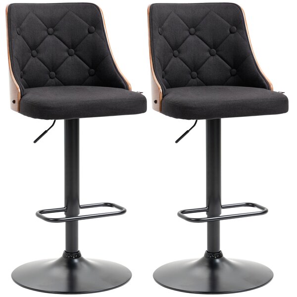 Set 2 Sgabelli da Bar 47,5x50x93,5-116 cm Seduta in Lino Poliestere Nero e Noce