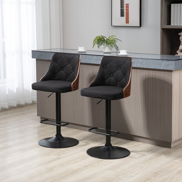 Set 2 Sgabelli da Bar 47,5x50x93,5-116 cm Seduta in Lino Poliestere Nero e Noce