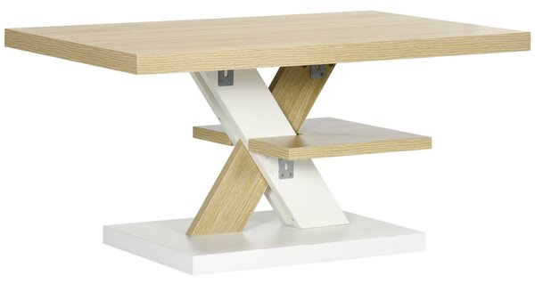 Tavolino da Caffè 90x60x45 cm con Ripiano Centrale in Legno Bianco e Legno