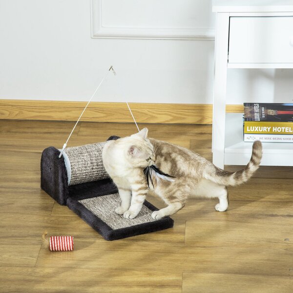 Tiragraffi per Gatti in Truciolato 44x24x16 cm con Gioco di Piume in Truciolato Peluche e Sisal Grigio