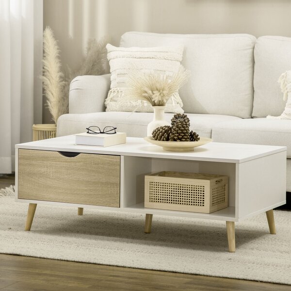 Tavolino da Caffè 106x58x39,5 cm 1 Cassetto e Ripiano in Truciolato Bianco e Legno