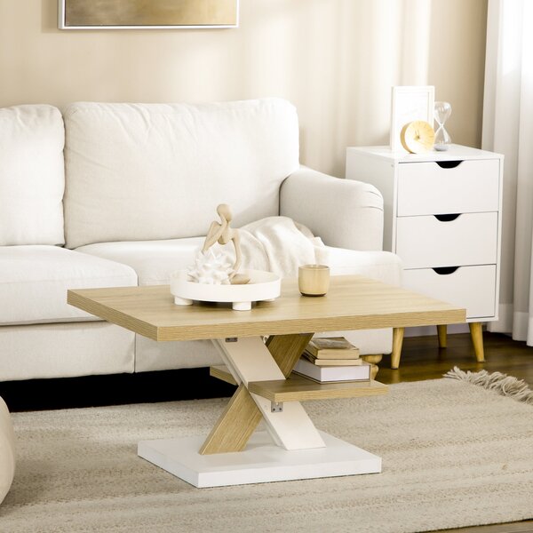 Tavolino da Caffè 90x60x45 cm con Ripiano Centrale in Legno Bianco e Legno