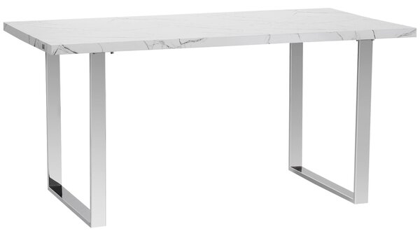 Tavolo Rettangolare 155x85x75 cm Max 6-8 Persone in MDF e Acciaio Effetto Marmo Bianco