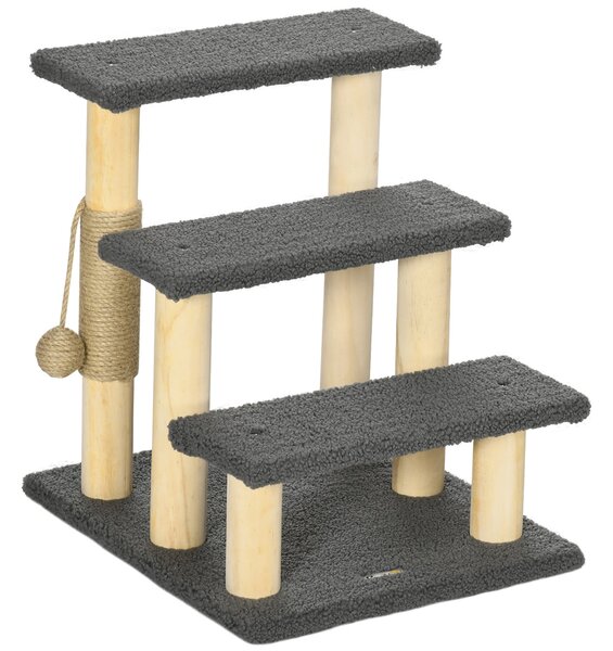 Tiragraffi Scaletta per Gatti a 3 Livelli 45x40x48 cm con Pallina Pali in Juta Grigio