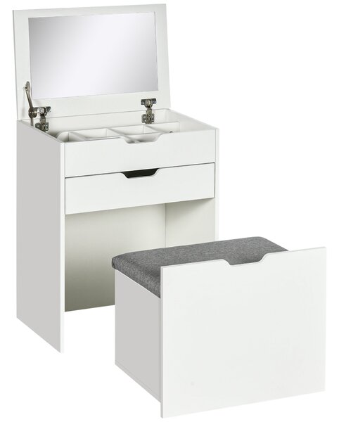 Consolle Trucco 60x40x114 cm con Specchio e Sgabello in Legno Bianco