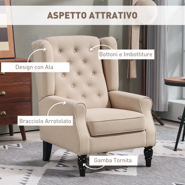 HOMCOM Poltrona per Salotto in Stile Francese con Seduta Imbottita e Cuscini, in Poliestere, 74x86x102 cm, Beige | Aosom Italy