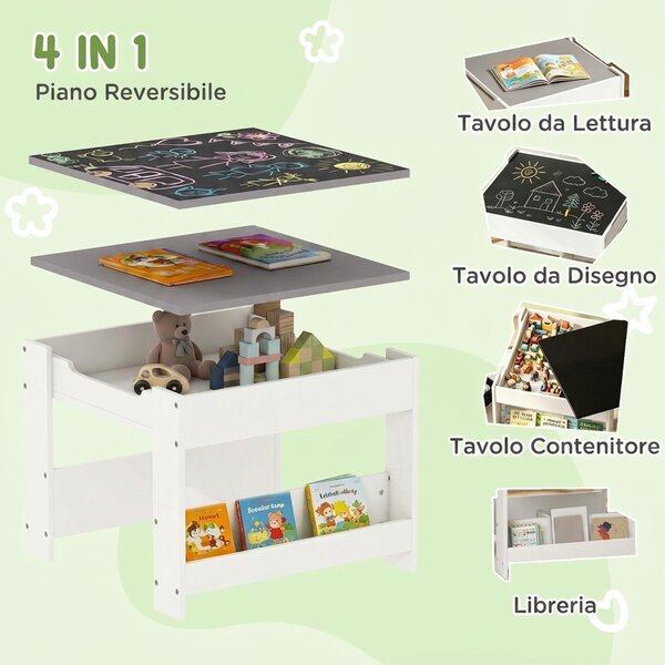 HOMCOM Set Tavolino per Bambini e 2 Sedie, Piano del Tavolo 2 in 1 con Lavagna e Contenitori, Grigio|Aosom