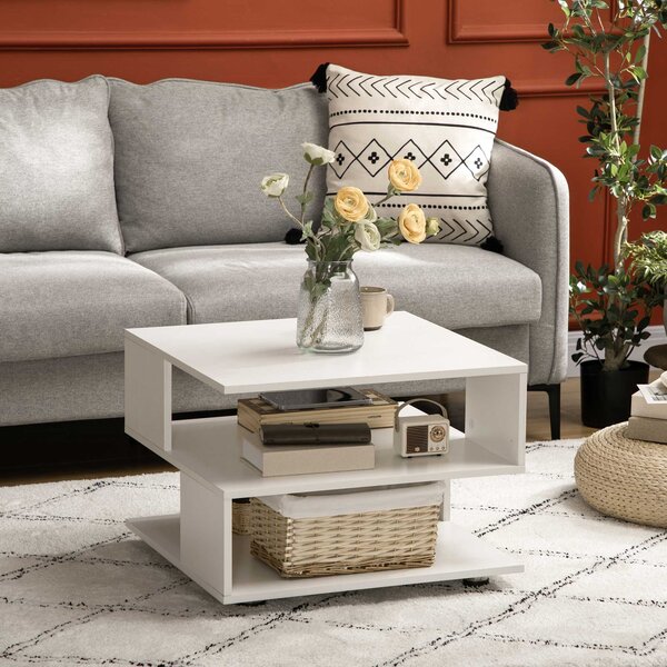 Tavolino da Caffè Asimmetrico 60x60x45 cm con Ripiani e Piedini Regolabili in Legno Bianco