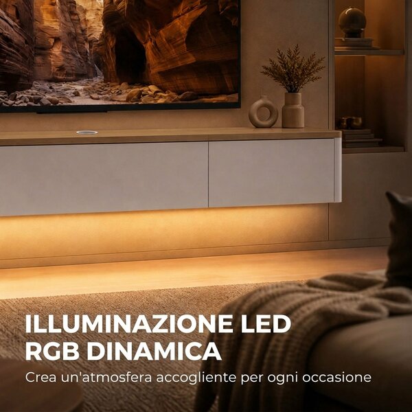 HOMCOM Mobile TV Sospeso Fino a 65" con 2 Cassetti, Armadietto, Luci LED RGB, Prese di Corrente, Bianco e Color Legno | Aosom Italy