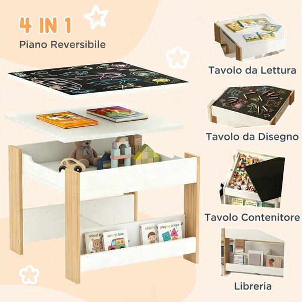 HOMCOM Set Tavolo Bambini 3 in 1 con 2 Sedie, Lavagna e Libreria, 3-8 Anni, Naturale | Aosom Italy