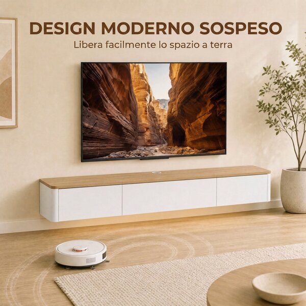 HOMCOM Mobile TV Sospeso Fino a 65" con 2 Cassetti, Armadietto, Luci LED RGB, Prese di Corrente, Bianco e Color Legno | Aosom Italy