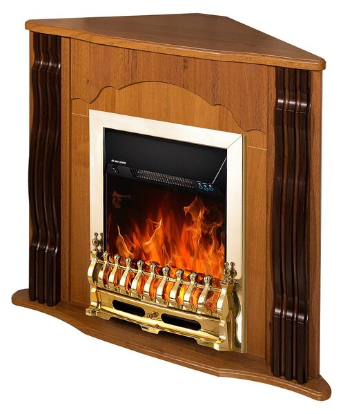 Camino Elettrico da Pavimento ad Angolo 88,2x95x47,3 cm Effetto Fiamma 2000W Clasic & Galileo gold Noce