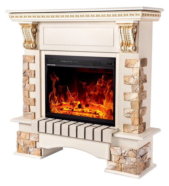 Camino Elettrico da Pavimento 109x110x33 cm Effetto Fiamma 1500W Topaz & Lorance Avorio