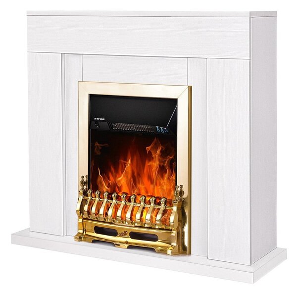 Camino Elettrico da Pavimento 85x95x30 cm Effetto Fiamma 2000W Arthur & Galileo Gold Bianco