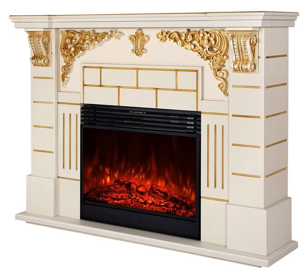 Camino Elettrico da Pavimento 111x145x38 cm Effetto Fiamma 1950W Imperial & Mirabella Avorio