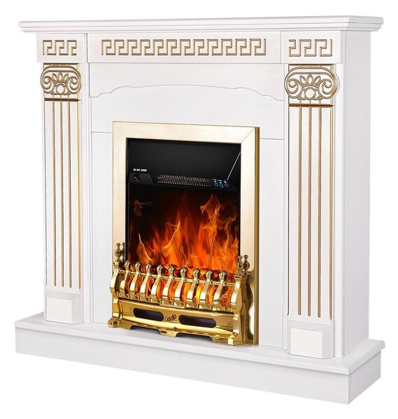 Camino Elettrico da Pavimento 102x110x30 cm Effetto Fiamma 2000W Calisto & Galileo gold Bianco