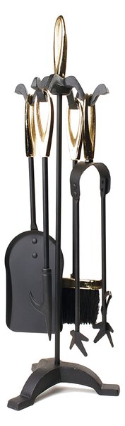 Set Camino 4 Pezzi 60x17 cm Scopino Paletta Attizzatoio e Pinza con Supporto Versailles Nero/dorato