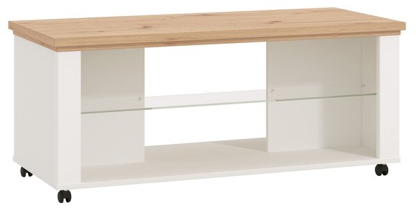 Tavolino Basso da Salotto con Ruote 114x50x49 cm Ripiano in Vetro