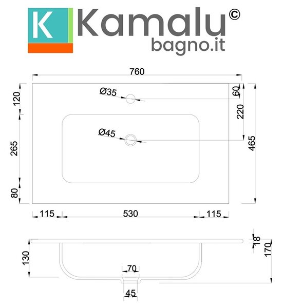 KAMALU - Lavabo da incasso 76cm per mobile in ceramica bianca |Litos-K7075