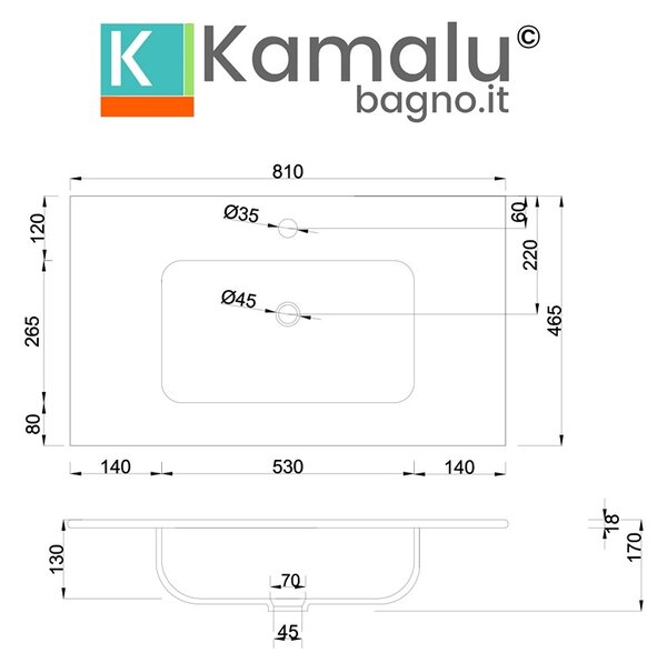 KAMALU - Lavabo da incasso 81cm per mobile | Litos-K7080