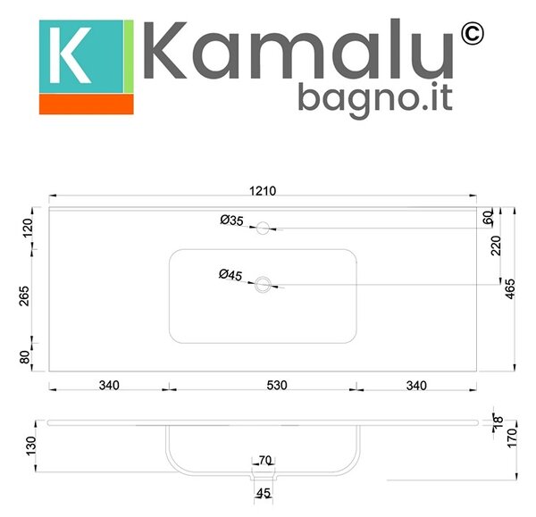 Lavabo da incasso per mobili 121 cm in ceramica bianca | Litos-K7012 - KAMALU