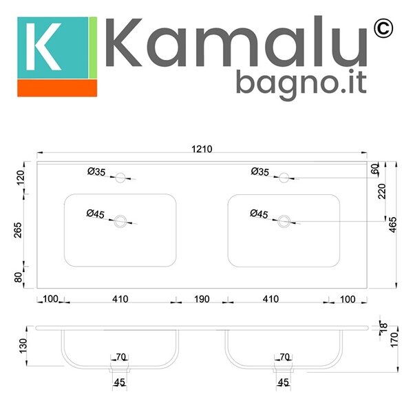 KAMALU - Lavabo incasso 121 cm a doppia vasca | Litos-K7012D