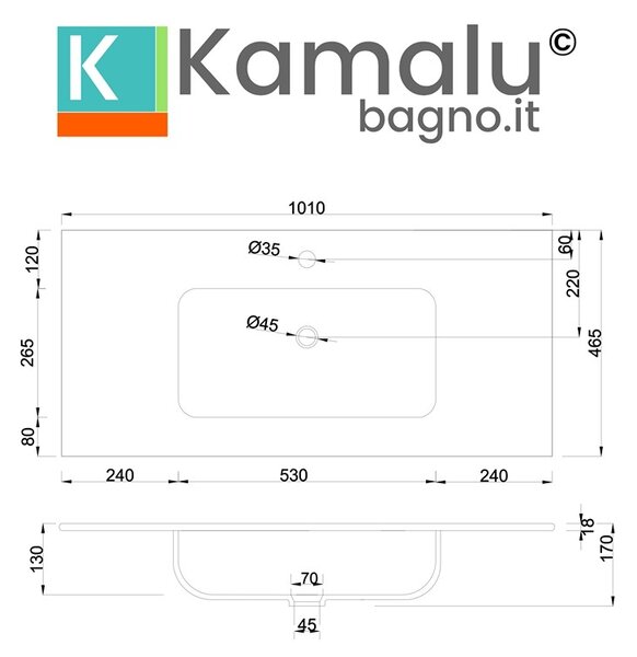 KAMALU - Lavabo da incasso 101cm ceramica bianca | Litos-K7100