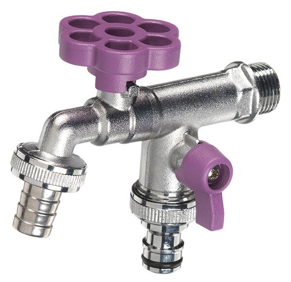 Rubinetto a Sfera Doppio per Fontana da Giardino con Fiore e Leva Colorate Belfer RUB/030 Viola