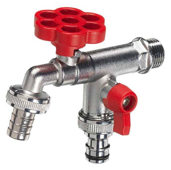 Rubinetto a Sfera Doppio per Fontana da Giardino con Fiore e Leva Colorate Belfer RUB/030 Rosso