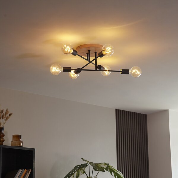 Plafoniera Art Déco nera con legno 6 luci - Sydney