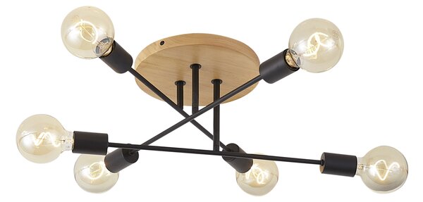 Plafoniera Art Déco nera con legno 6 luci - Sydney
